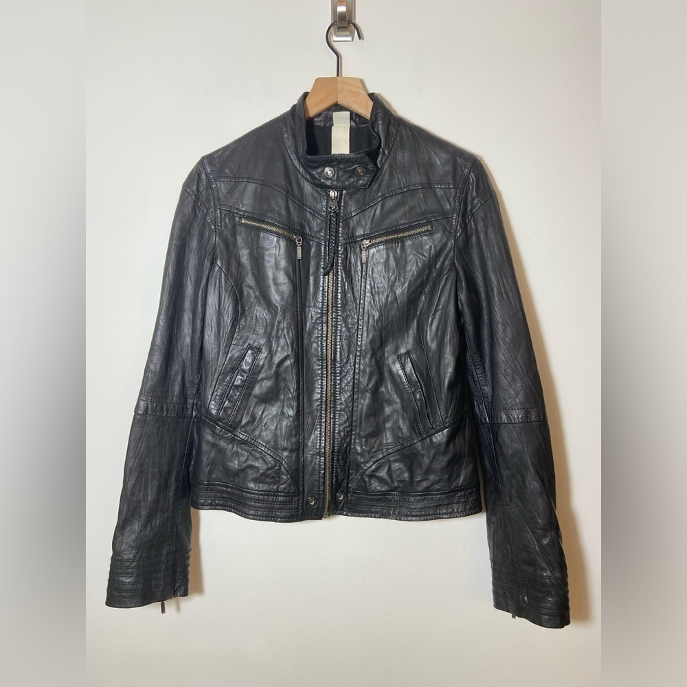 FIRETRAP Womens 100% Leather Biker Jacket Black Size Large